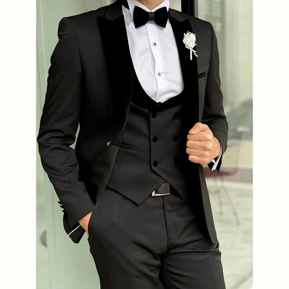 Luxury Black Suit for Men Single Breasted 3 Piece Jacket Vest Pants Male Clothing Wedding Party Business Slim Fit Blazer Set