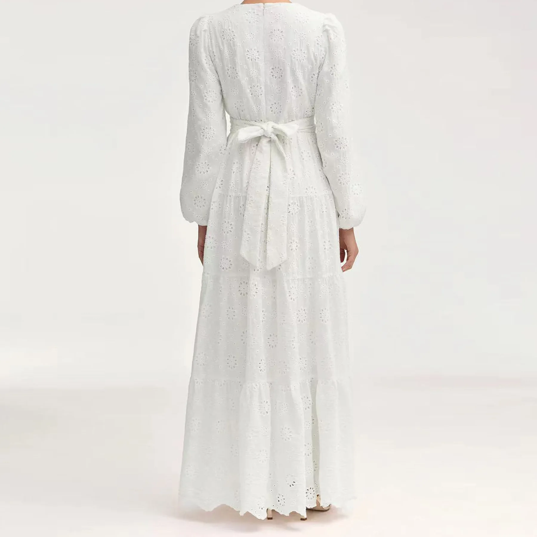 FW25 MIZON novo vestido feminino de algodão branco estilo fada de manga comprida com bordado requintado e floral recortado e cinto