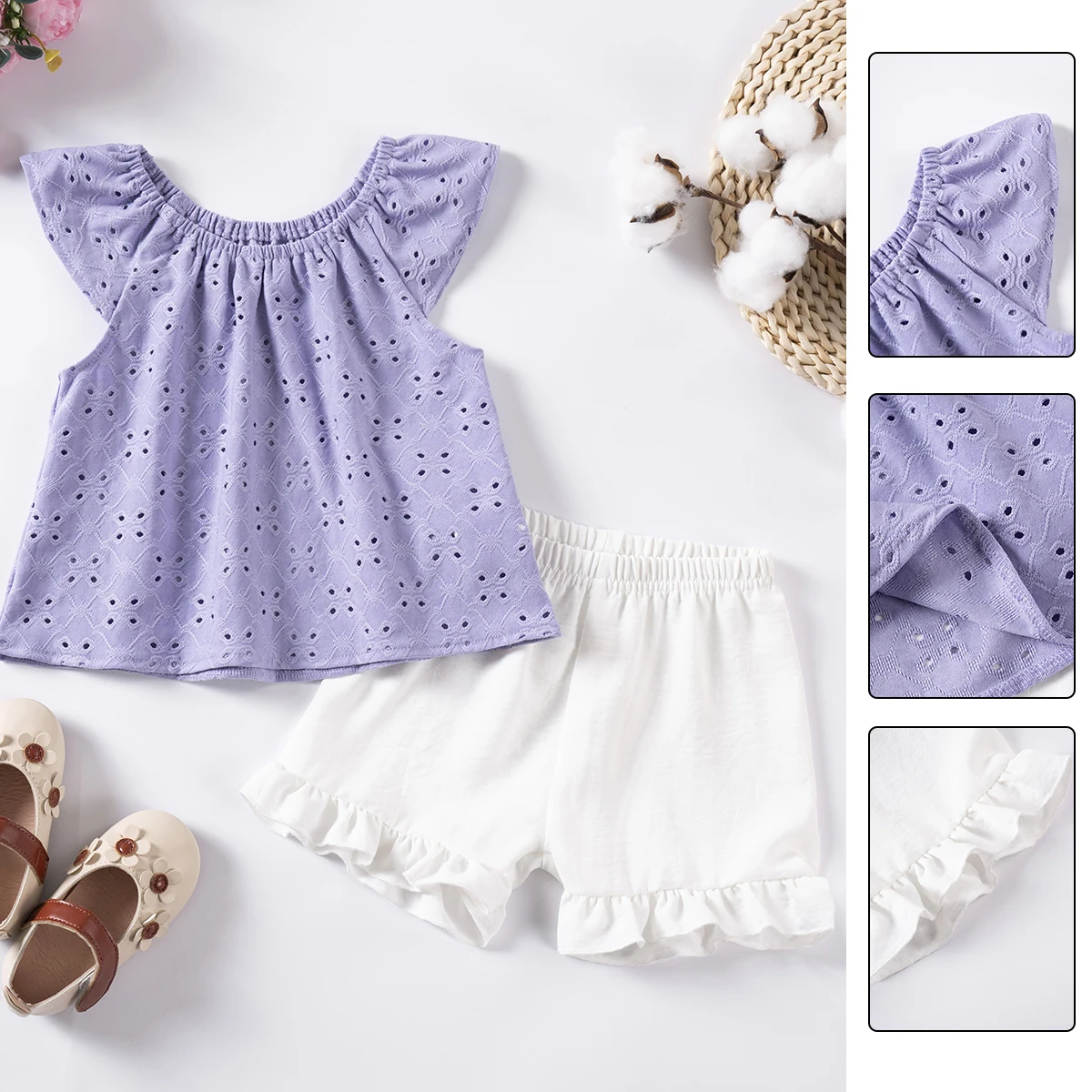 2pcs Summer Girl's Suit Solid Color Children's Clothes Sweet Two-piece Hole Round Neck Top + Shorts Cool and Breathable