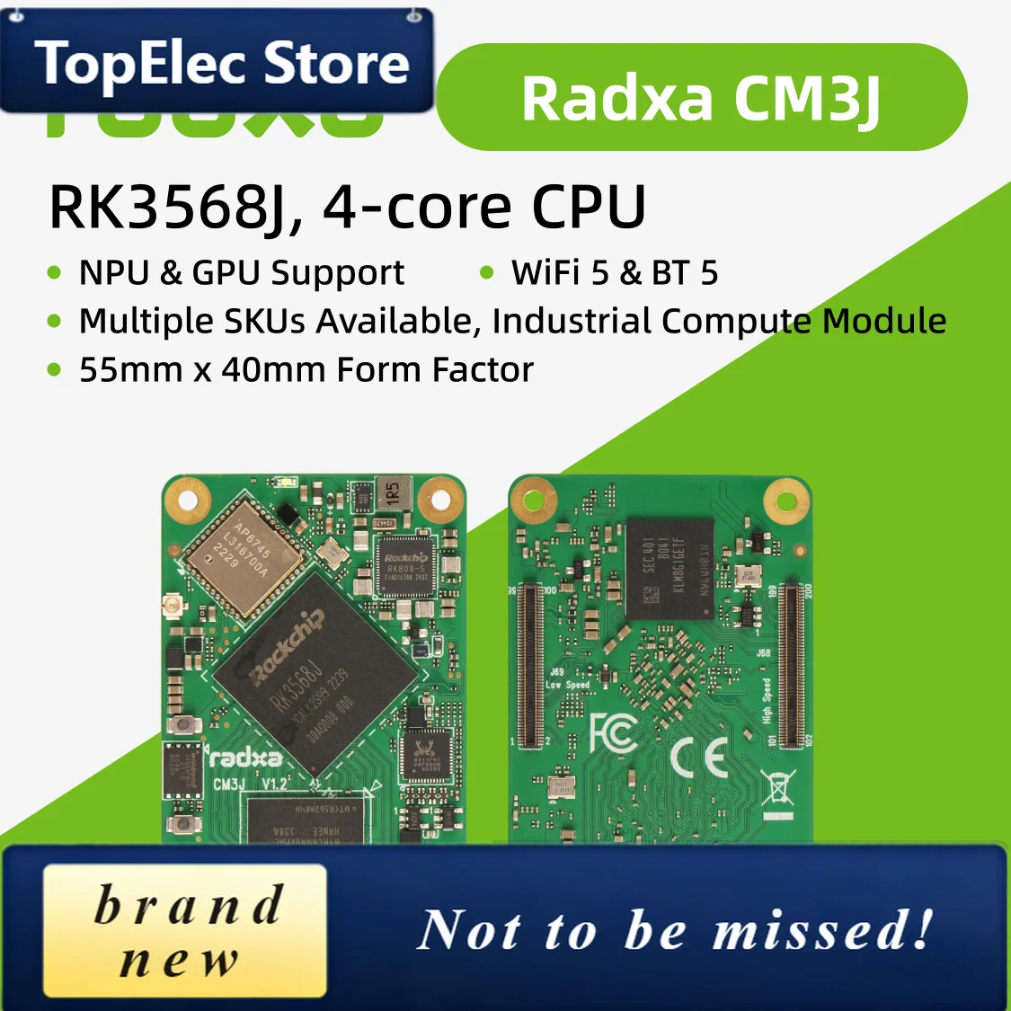 TopElec Radxa CM3J RK3568J 4-core CPU, NPU, 4K HDMI and 2x100-Pin B2B Connector, Industrial Compute Module, GPU