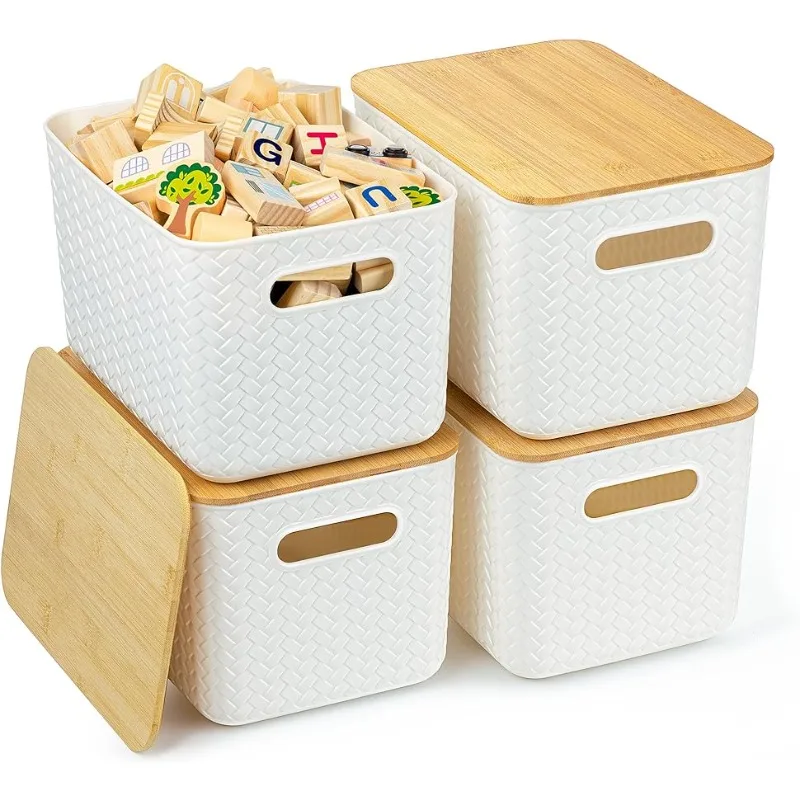 

4 Packs Storage Bins with Bamboo Lids - Plastic Containers with Lids Stackable Box: Baskets