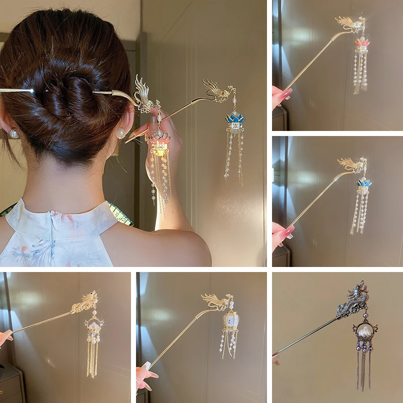 Phoenix Lotus Imitation Pearl Long Tassel Dripping Neo-chinese Style Hair Stick for Women Vintage Personality Dainty Accessories