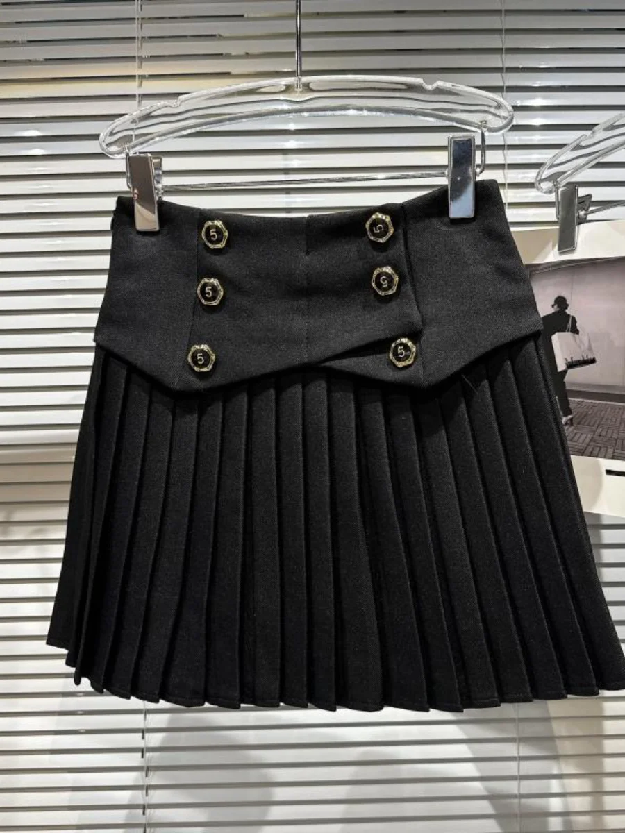 Winter New 2023 Double-Breasted Folding High Waist Short Woolen College Style Fashion Sports Pleated Mini Skirt for Women