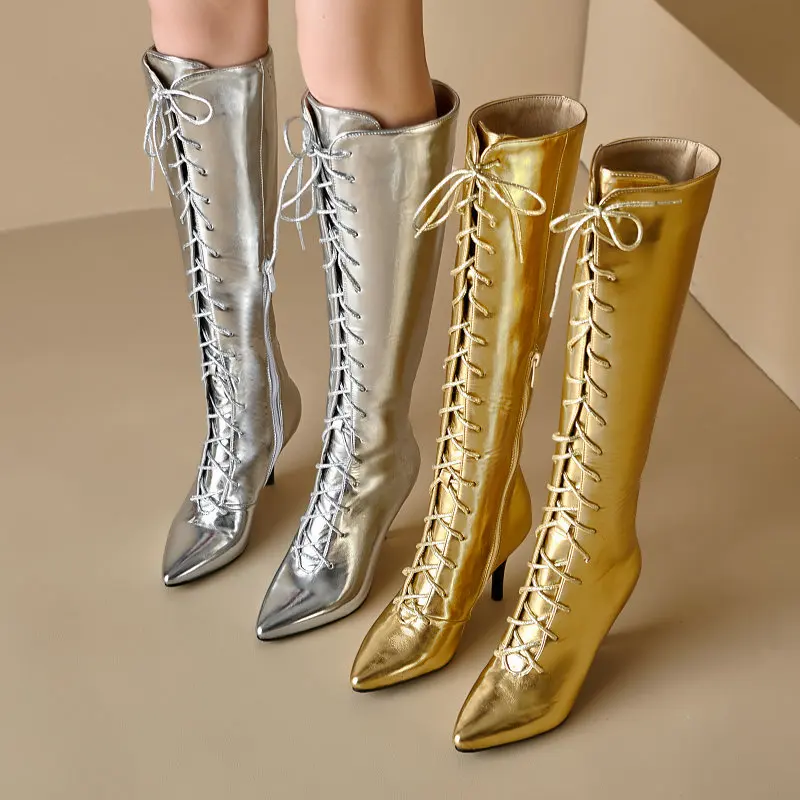 

Metallic Golden Silver Shiny Color Pointed Toe Western Ladies Shoes Spike High Heels Lace-up Cross-tied Knee High Sexy Boots