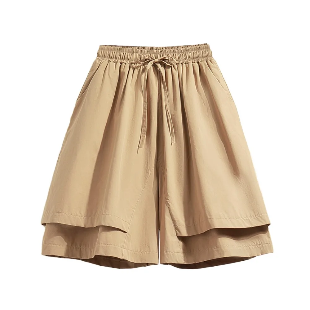 Summer Popular Simple Fashion Large Size Retro Casual Shorts Women Elastic High Waist Drawstring Lace Thin Wide Leg Short Pants