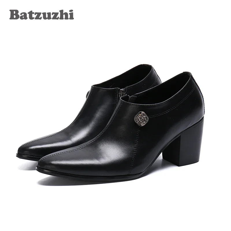 

Batzuzhi 7.5CM High Heel Men Boots Pointed Toe Black Genuine Leather Ankle Boots Men Party and Wedding Footwear Zapatos Hombre