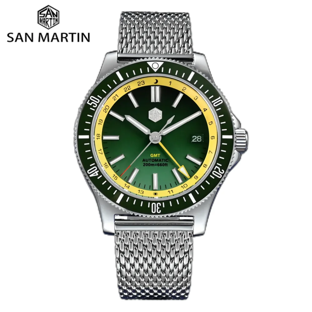 

San Martin оригинальные 41 мм GMT 3H дата автоматические NH34 наручные часы сетчатый браслет с сапфировым стеклом 200 м водонепроницаемые Relogios Masculino SN0119