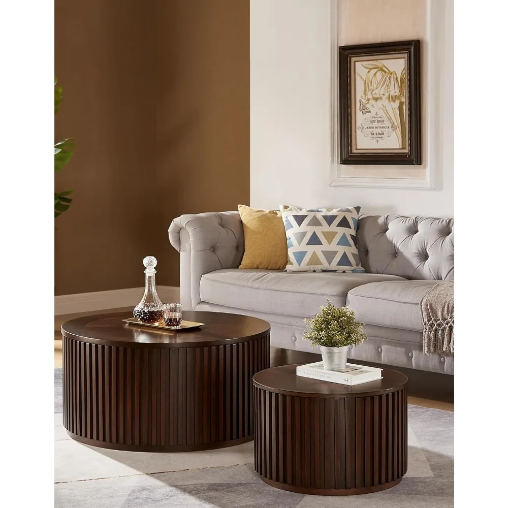 Round Coffee Table Set, Nesting Coffee Tables with Removable Lid, Mid Century Modern Wooden End Table with Large Storage Sp