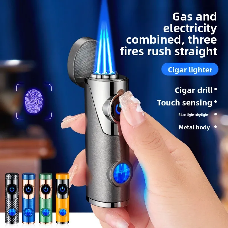 Three Jet Windproof Blue Flame Butane Gas Torch Lighter Visible Gas Blue Light Window Outdoor Portable Cigar Electric Lighters