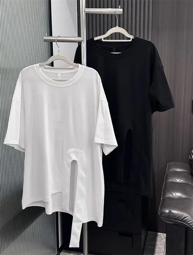 

Irregular Ribbon Split Short Sleeved T-shirt for Women Summer Causal Tee Top