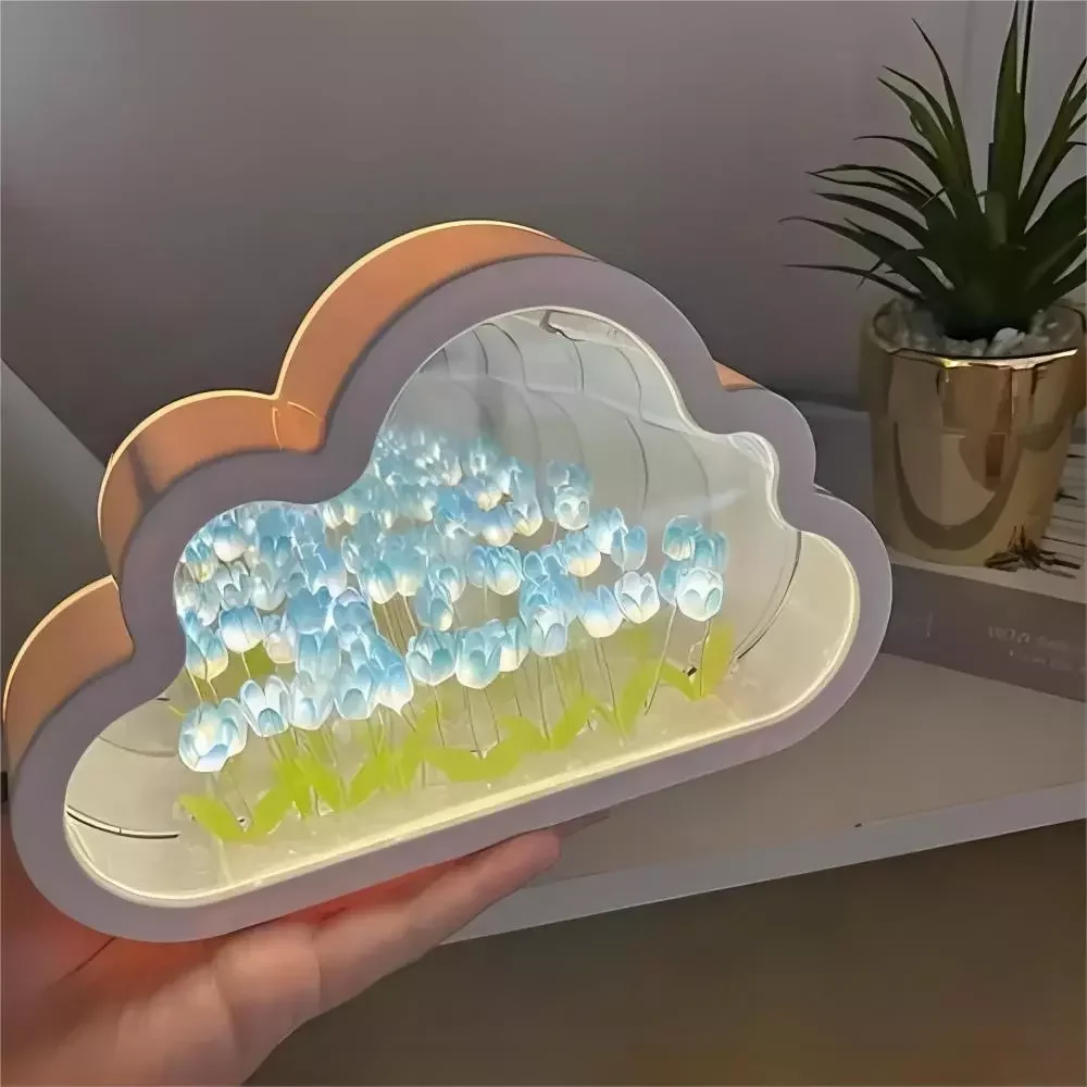 Creatieve Tulp 3d Wolk Zee Van Bloemen Led Nachtlampjes Spiegel Kubus Handgemaakte Diy Sfeer Kerstcadeau Slaapkamer Decor