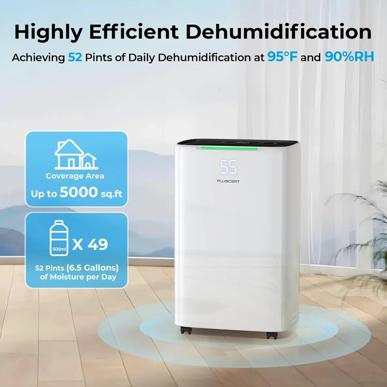 Energy Star Dehumidifier for Basement, PLUSCENT 52 Pints Quiet Dehumidifiers with Drain Hose for Home Large Room Bedroom, Smart