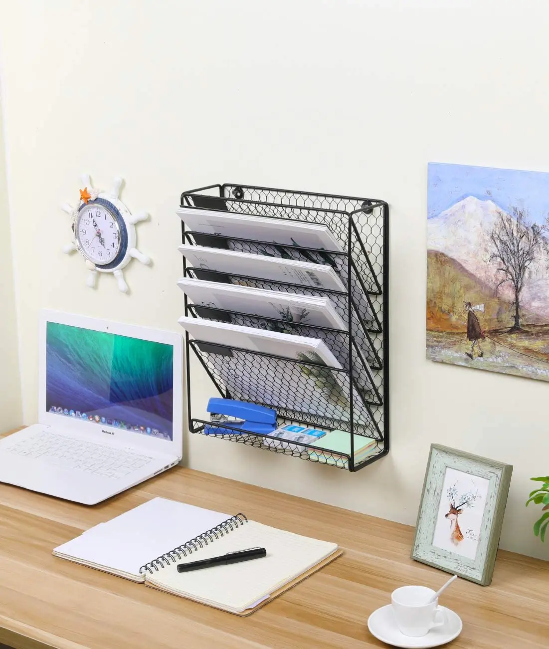 New Office Home Metal Chicken Wire Wall Mount 6 Tier Black Hanging File Holder Organizer per Book Magazine Rack