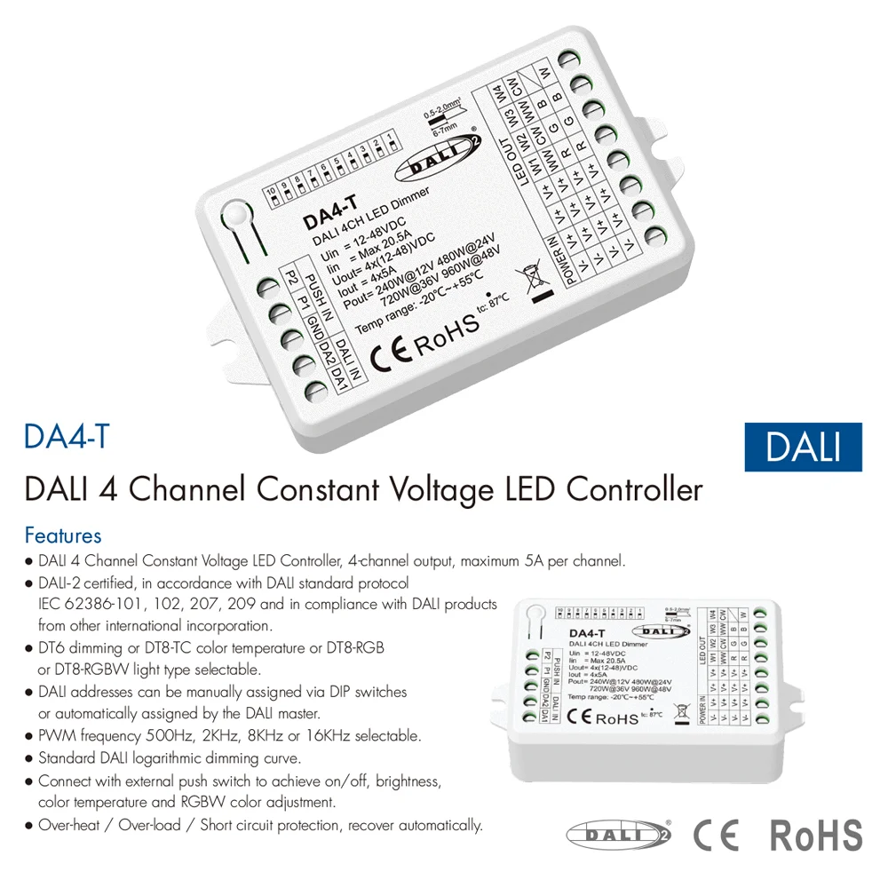 4CH*5A 12-48VDC DALI Dimmer DA4-T DT6 DT8 Constant Voltage Push Switch Dimmer for Single Color CCT RGB RGBW Dimmable LED Light