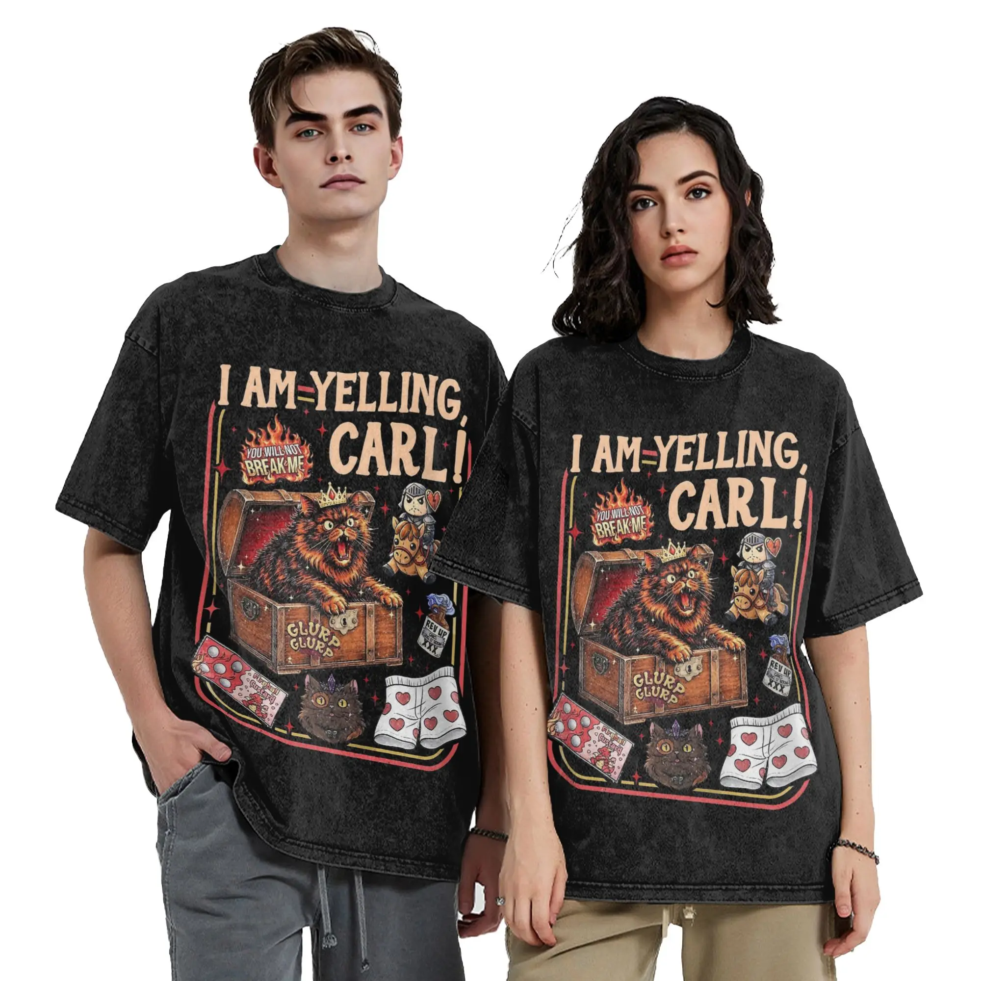 Washed T Shirts I Am Yelling Carl Funny Donut Cat Dungeon Crawler Carl Hip Hop Fashion T-Shirts Oversize  Streetwear Tees Men