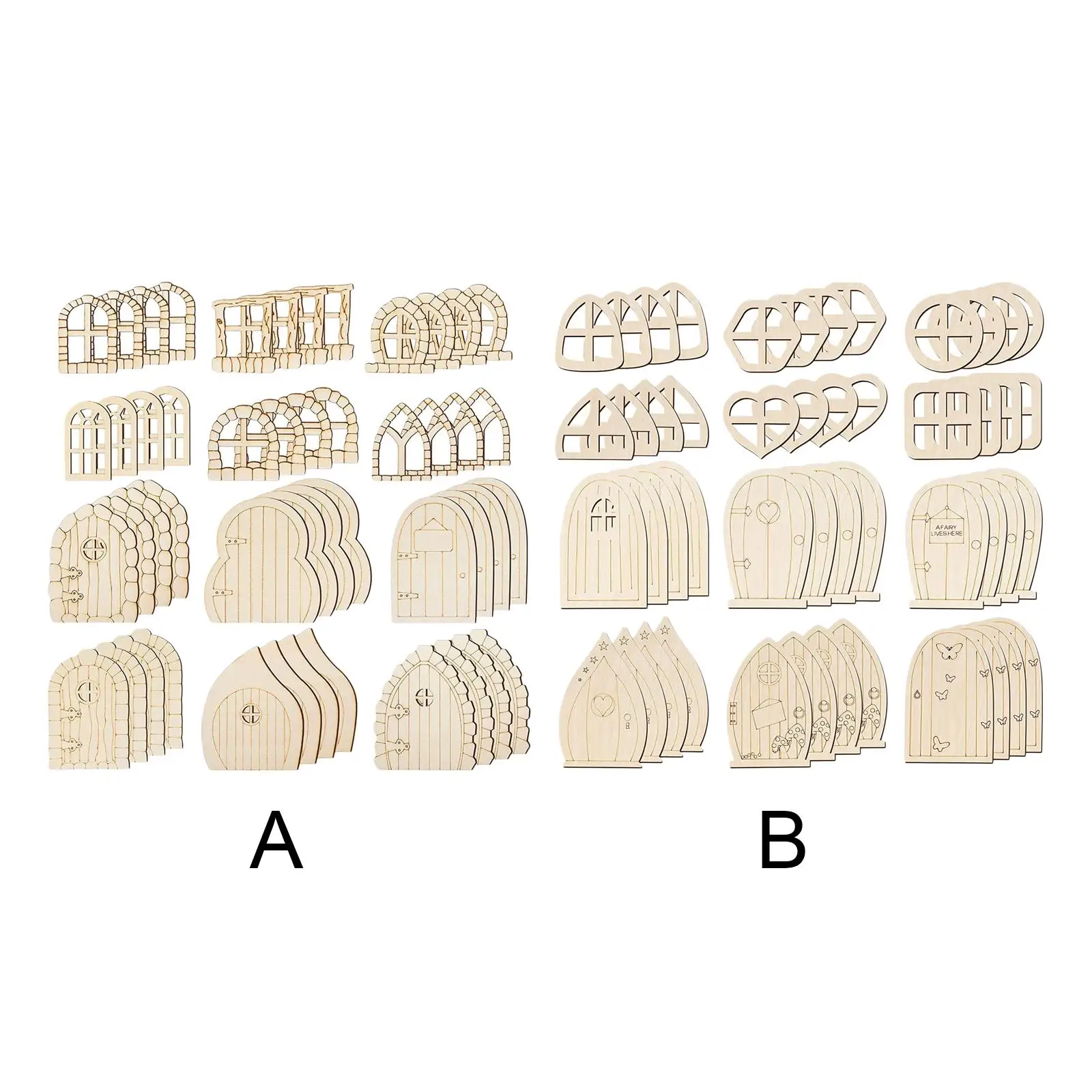 48 Pieces Wooden Fairy Garden Doors Window DIY 12 Patterns Unfinished Miniature for Party Garden Wedding Birthday Decoration
