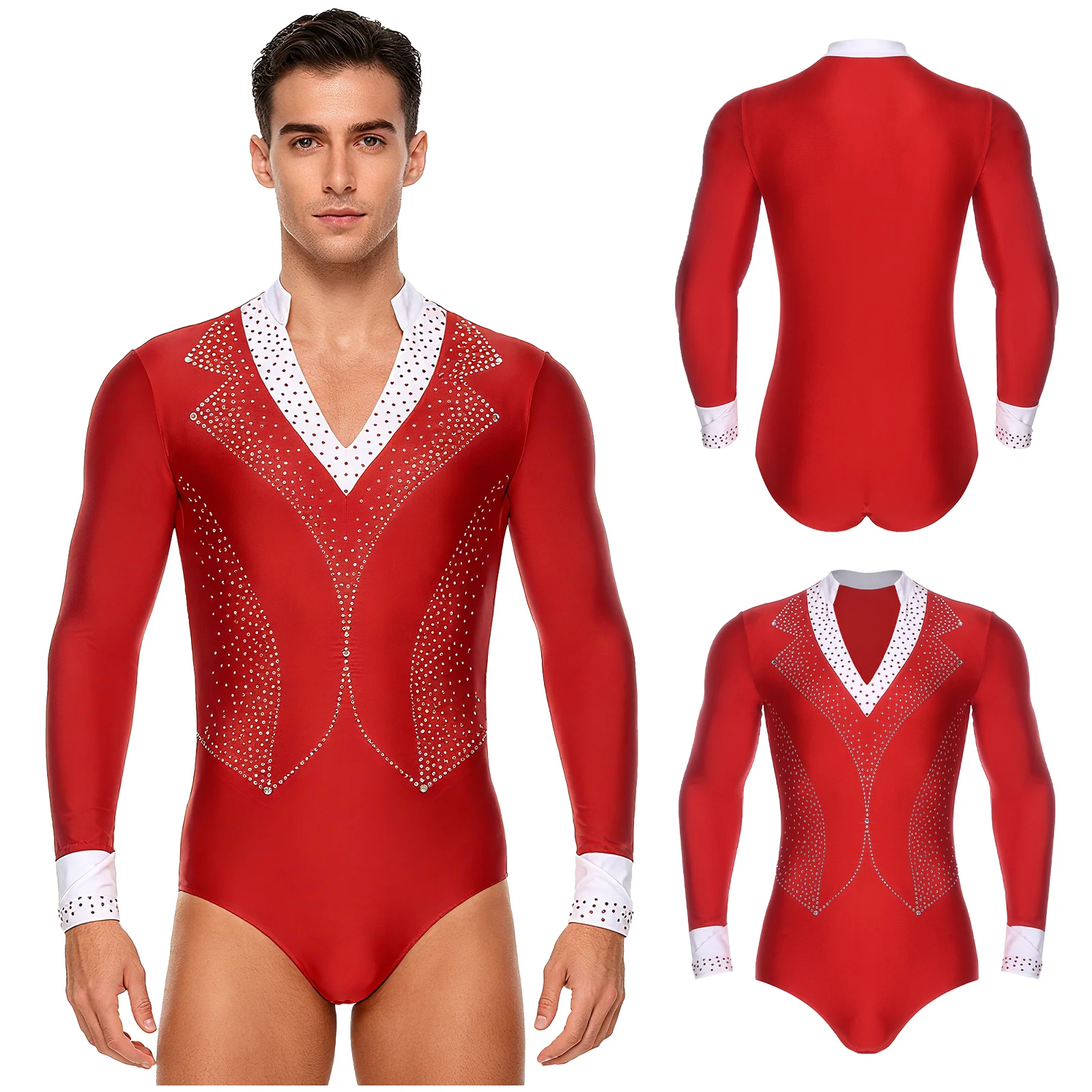 

Men Lyrical Long Sleeve Waltz Modern Tango Dance Performance Leotard Sequins Decor Latin Ballet Proms Party Dance Jumpsuits