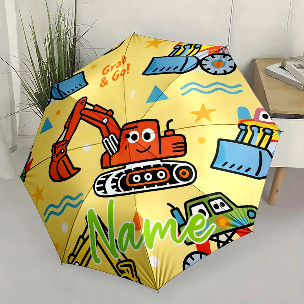 Paraguas Personalizado con Nombre, Paraguas Infantil con Diseño de Construcción, 8 Varillas de Hierro, Paraguas Plegable de Apertura Automática, Parasol de Moda