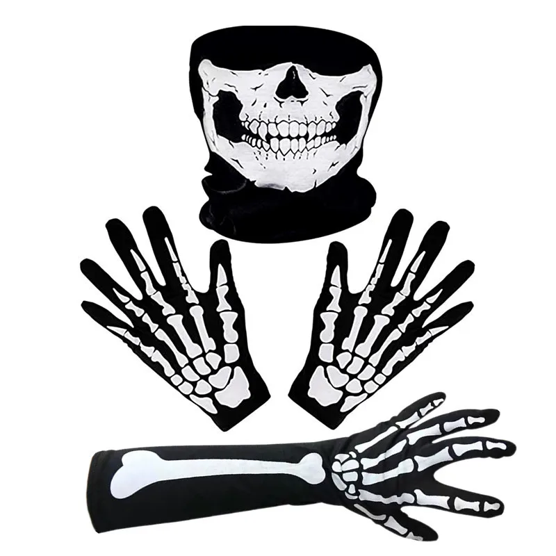 Halloween White Skeleton Gloves and Skull Face Mask for Adult Horror Costume Party Scary Ghost Cosplay Dress-up Supplies