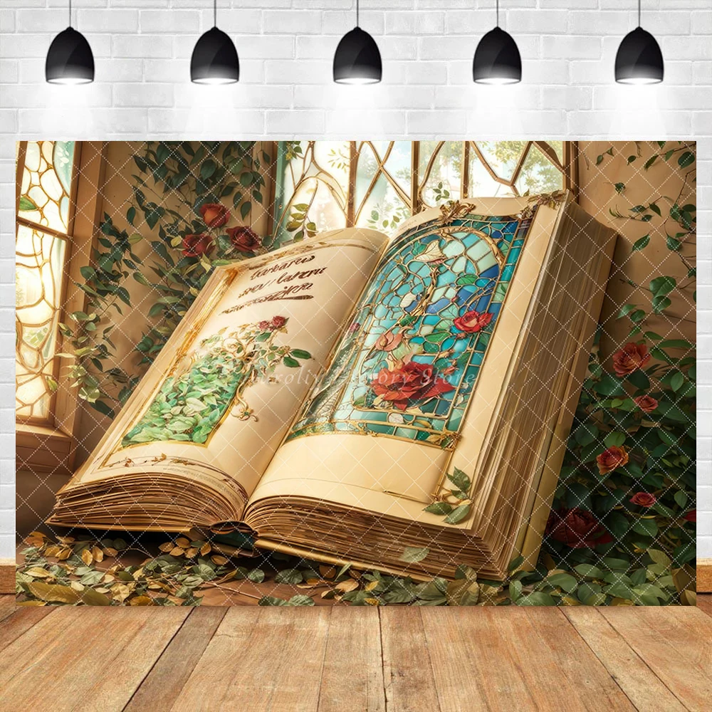Retro Valentine's Day Backgrounds Fantasy Book Roses Cake Smash Kids Party Photo Studio Flower Wonderland Backdrop