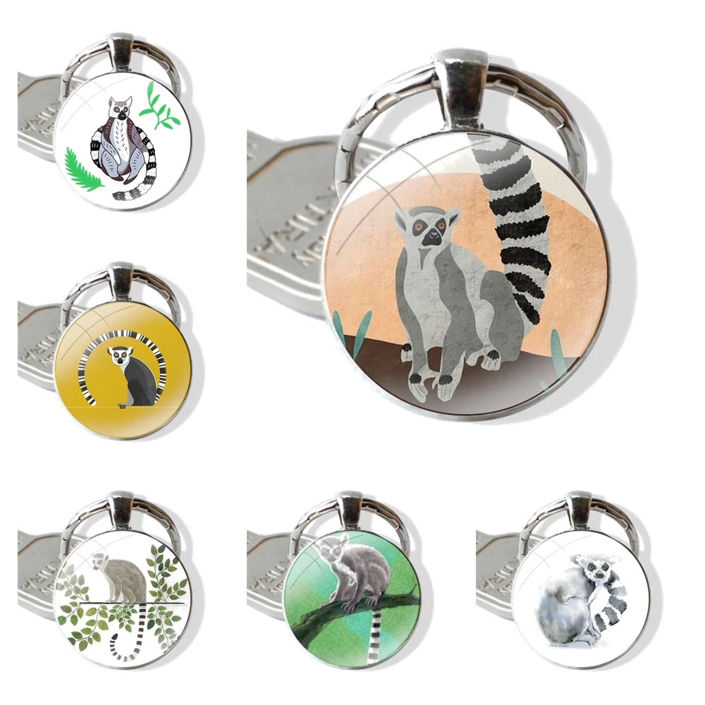 Lemur Art Paintings Aniamls Drawings Keychain Handmade Glass Cabochon Key Ring Holder Pendant Key Chains