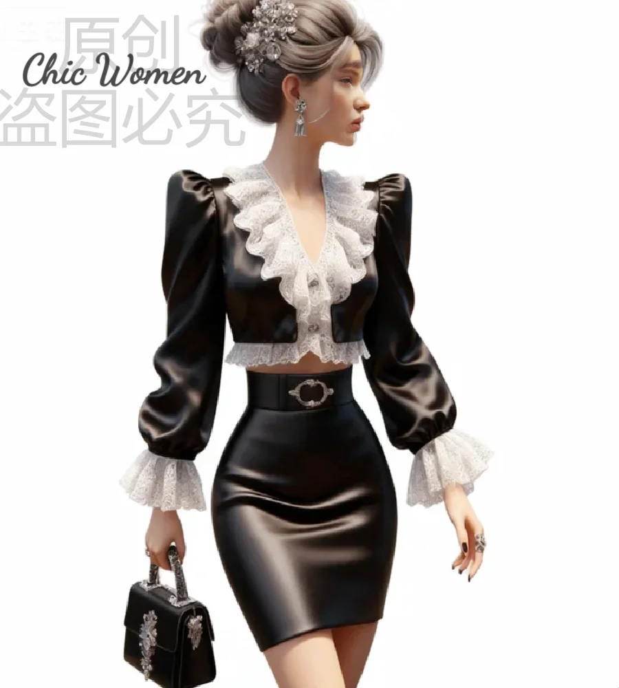 

Сексуальное мини-вечернее платье из двух частей, черное кружевное короткое платье с длинным рукавом для выпускного вечера, атласное коктейльное платье с v-образным вырезом, наряд для офиса, женская одежда