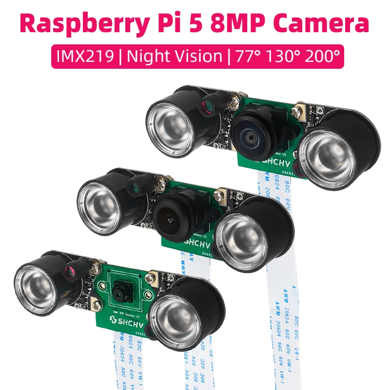 Raspberry Pi 5-Caméra 8MP avec Vision Nocturne IMX219 77 ° 130 ° 200 ° FOV Fisheye Wild MINI CSI + 2 Lumières Infrarouges pour RPI 5 Pi5