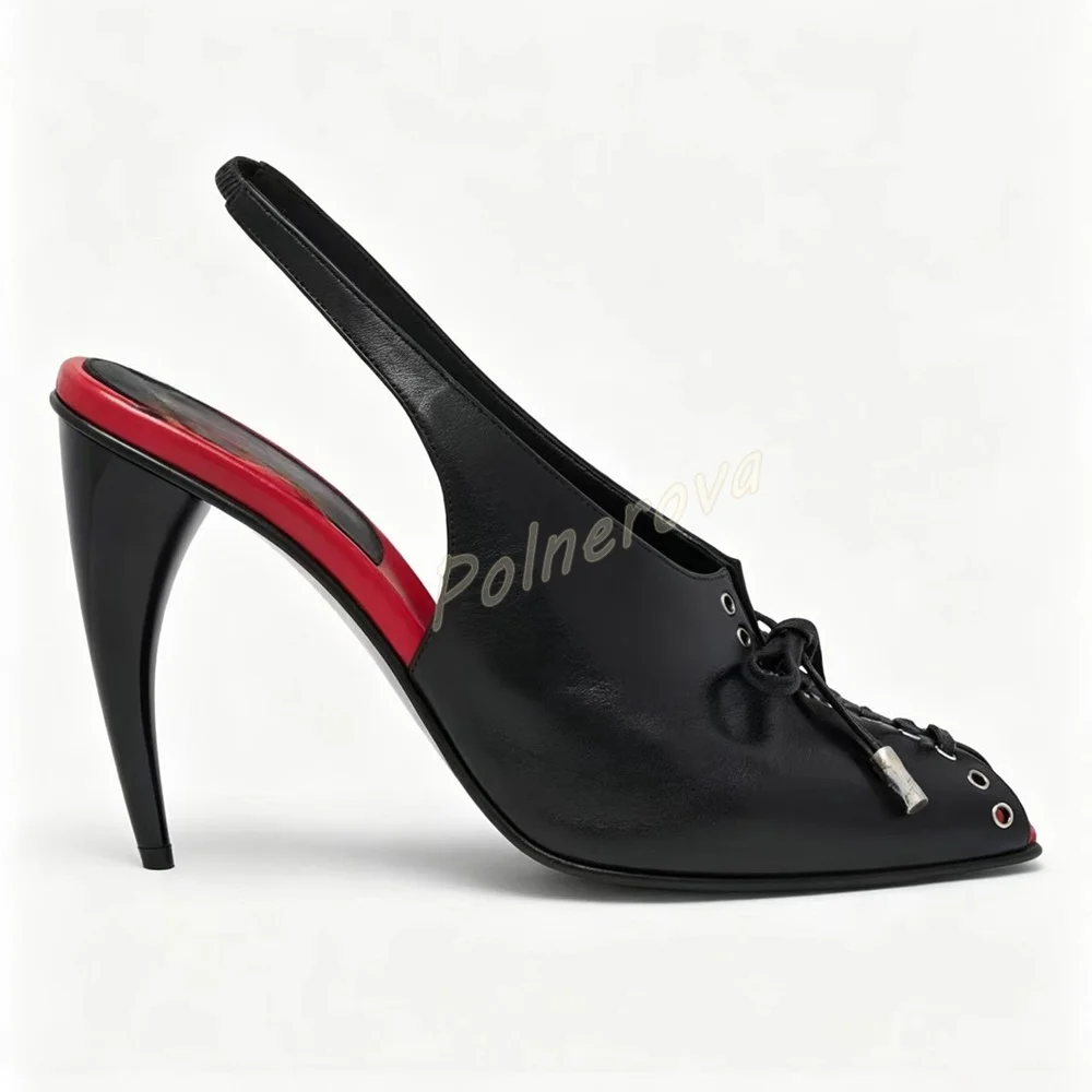 Black Red Slingback High Heels Sandals Peep Toe Lace Up Contrast Color Leather Stiletto Shoes Fashion Party Evening Women Shoes