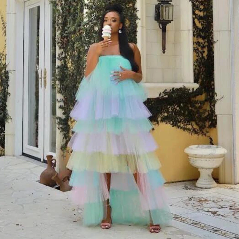 Candy Color High Low Tulle Birthday Dresses Strapless Women Dress Tiered Ruffled Colorful Tulle Gowns Gilrs Summer Wear