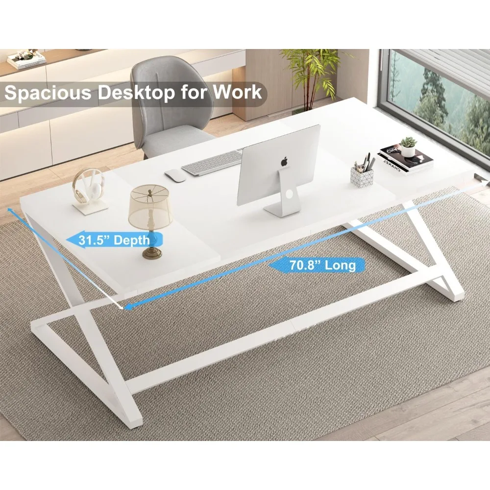 مكتب كمبيوتر أبيض كبير حديث للمكتب المنزلي، تصميم خشبي ومعادن، مناسب لإعدادات الشاشات المزدوجة #6