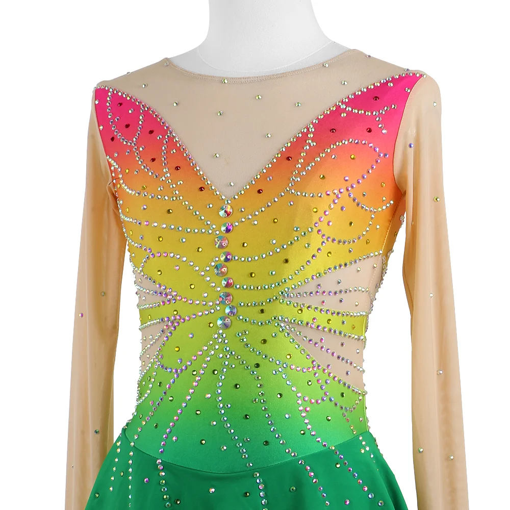 Zagitova Figure Skating Dress For Women Girls Ice Skating Skirt Long Sleeve Princess Gradient Rainbow Color Butterfly Diamonds