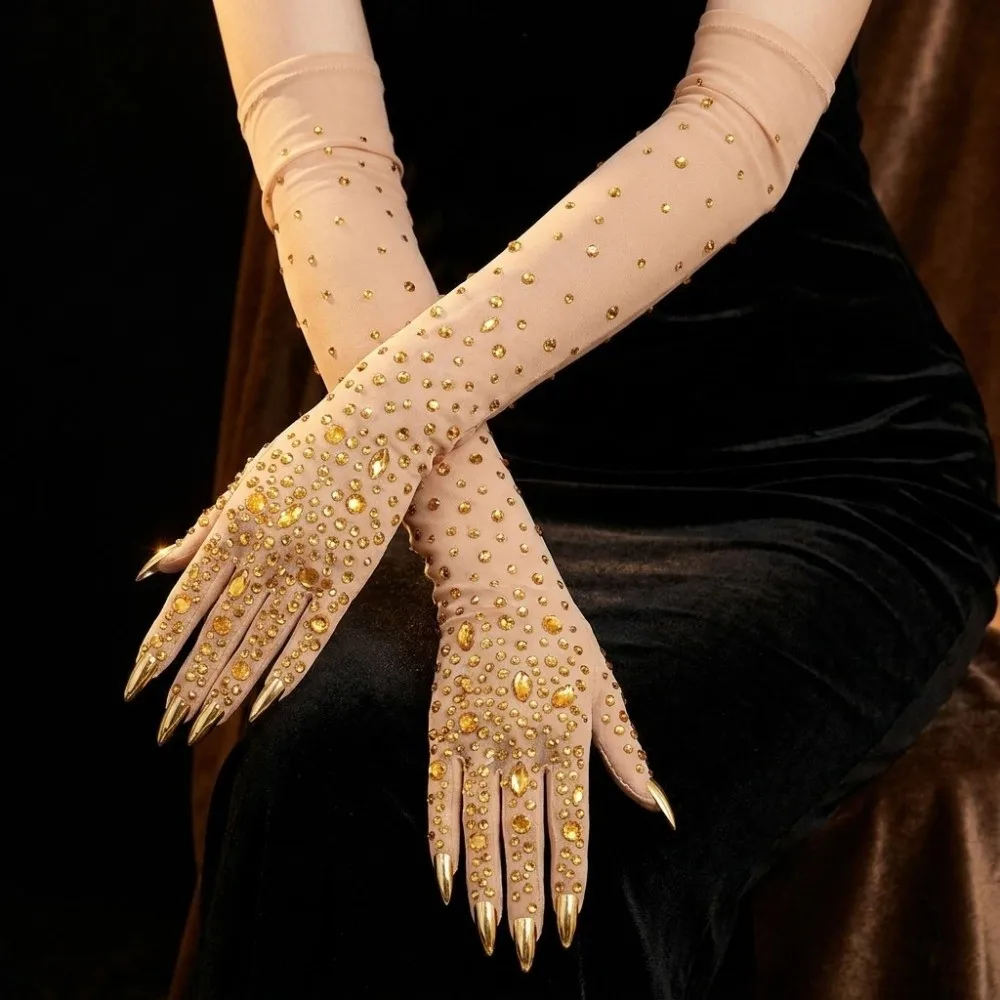 Elegant Sparkling Rhinestone Gloves Stretch Breathable Crystal Mesh Gloves Soft Full-Finger Long Wedding Mittens Stage Wear