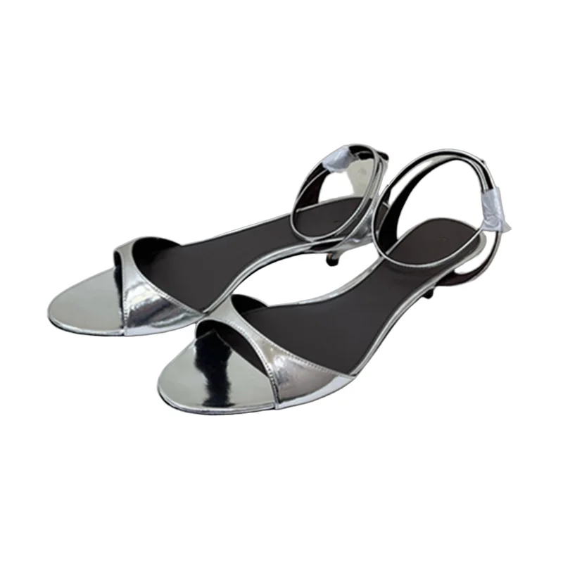 

Withered Summer Women's Sandals Minimalist Genuine Leather 3cm Cat Heel SHoes Retro Sandals Elegant Metallic Sandals Shoes