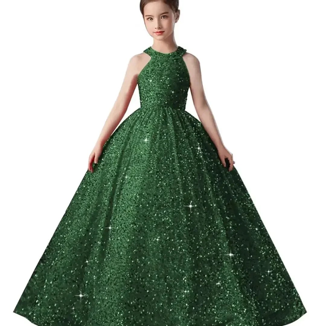 

Customized Green Flower Girl Dress For Wedding Sleeveless Glitter Floor Length Elegant Kids Birthday Party First Communion Gown