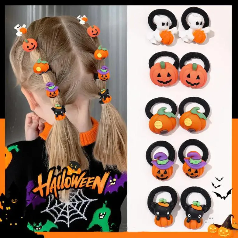 10 Stück Halloween Cartoon Kinder Haargummis Kürbis Geist Elastische Haarbänder Baby Mädchen Feiertagsparty Pferdeschwanz Haardekoration – Detail 1