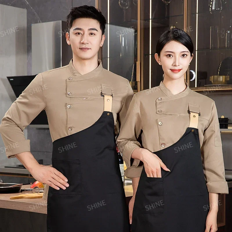 Men Chef uniform Restaurant Hotel chef jacket with apron Long Sleeve Cook Coat Chef T-shirt Work  Uniform Waiter Clothes Logo