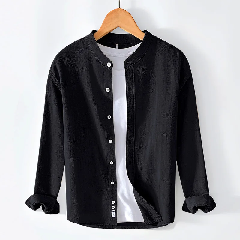 

Spring/Autumn Casual Pure Cotton Shirt - Loose Stand Collar Solid Color Long Sleeve Top for Layering