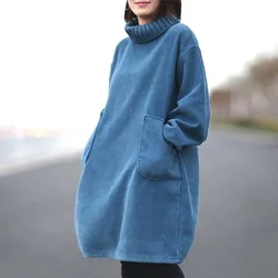 2024 New Solid color Corduroy Thick Women Winter Elegant Long Dresses Ladies Female Loose Vintage Turtleneck Dress