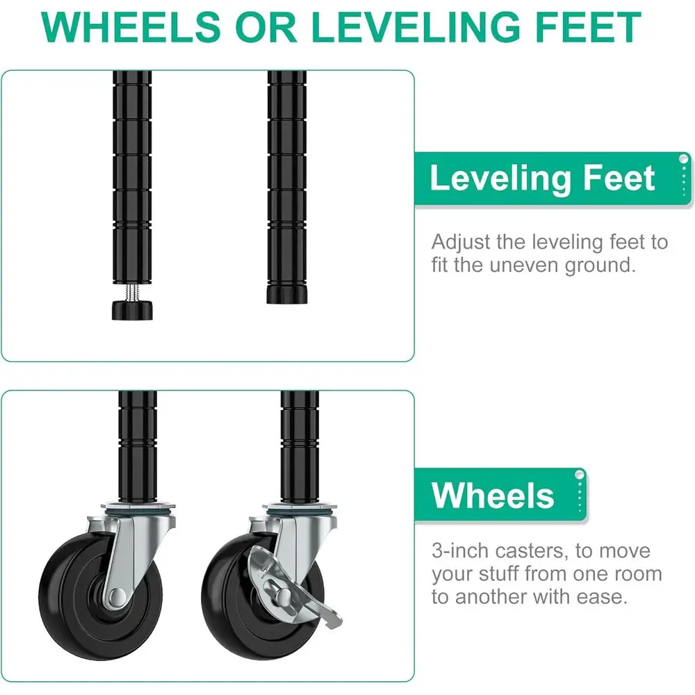 Prateleira de armazenamento de metal ajustável de 4 camadas com rodas, preta, 14D x 36W x 57H para cozinha, garagem, despensa, escritório