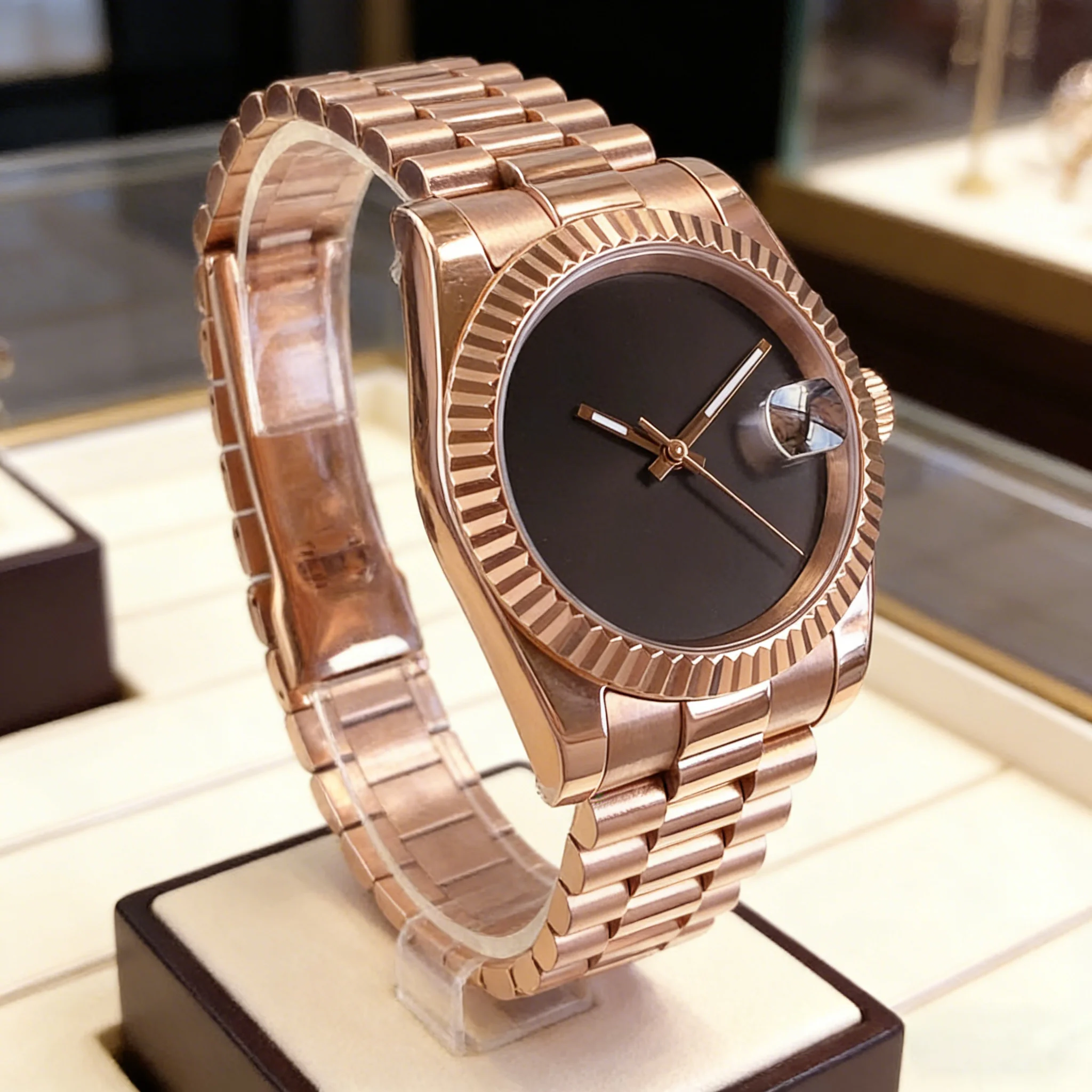 

Часы Tandorio с рифленым безелем, 36 мм/39 мм, сапфировое стекло, автоматический механизм NH35A, водонепроницаемость 20ATM, черный циферблат, полностью из розового золота, наручные часы