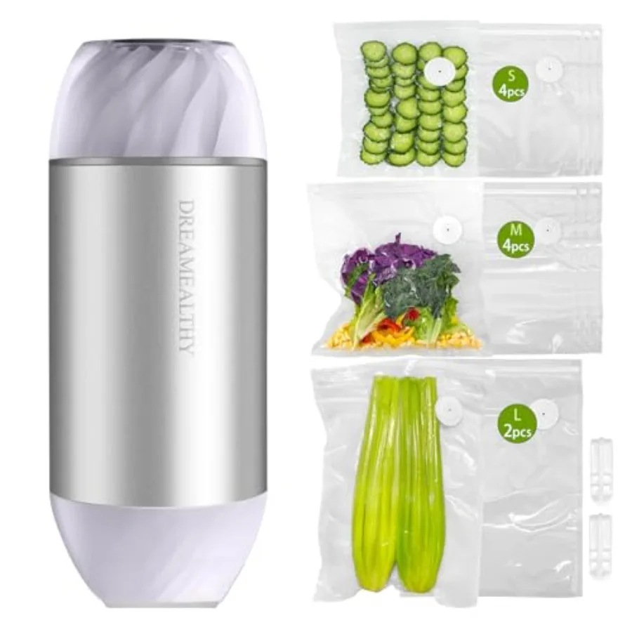 

Auto Handheld Vacuum for Food Reusable Vacuum Seal 4 Small, 4 Medium, 2 Extra-long,One-Touch Sealing, BPA-Free, Upgraded Sturdy