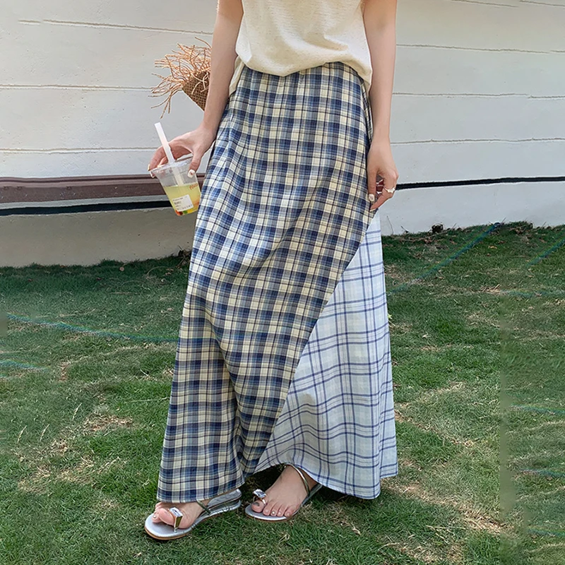 Élégant bleu Plaid femmes jupes longues été élégant choc couleur épissé drapé Faldas décontracté tout-Match taille haute a-ligne jupes