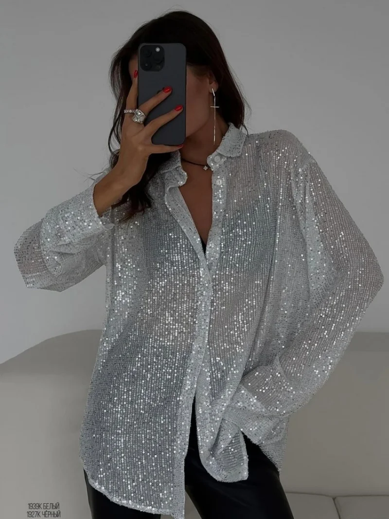 

Fashion Sequined Blouse Spring Clothes Women 2026 Long Sleeve Lapel Neck Single Breasted Shirt Evening Clubwear Bling Blouse Top