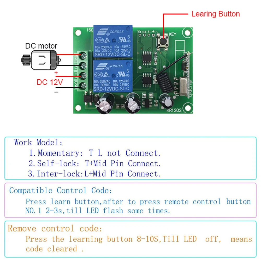 CENFAYA DC 2CH RF Relay Smart Wireless Remote Control Garage Door Remote Opener 433Mhz Transmitter and Receiver For 12V Motor