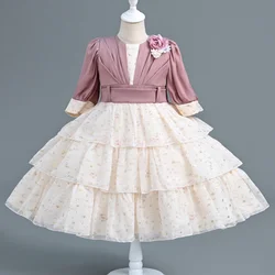 Spring and Autumn New Patchwork Sticker Chiffon Mid Sleeved Dress Children's Day School Stage Drama Performance Dress