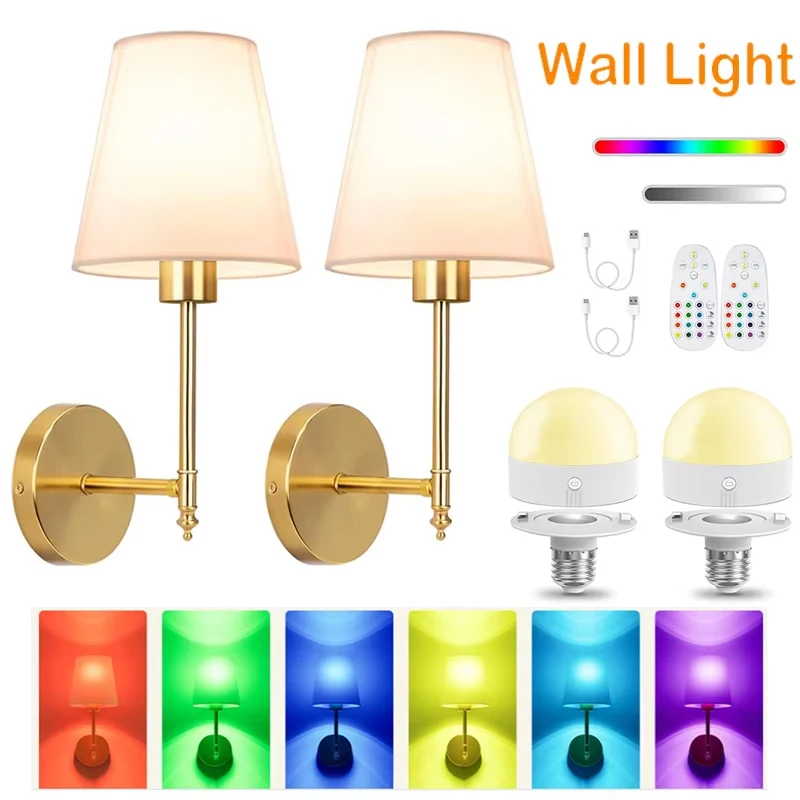 2 lampade da parete ricaricabili senza fili, alimentate a batteria, con capacità di 4000 mAh, luminosità regolabile, lampadina rimovibile e telecomando, lampada da parete con 15 colori, ideale per la
