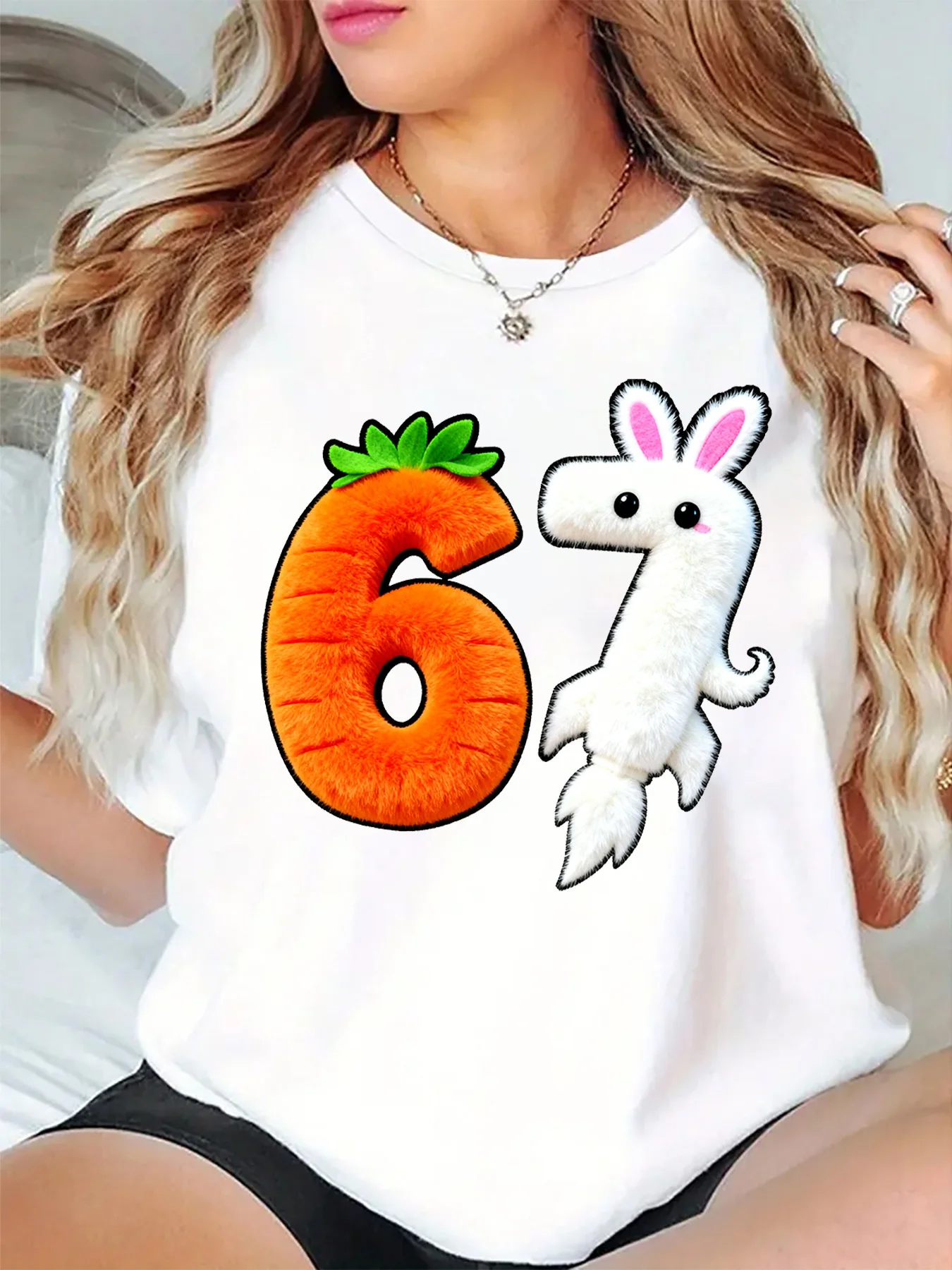 Cute Fluffy Furry Number 67 Carrot And Bunny Rocket Art Print Graphic Ladies T Shirt Short Sleeve Crew Neck Casual Tee Tops