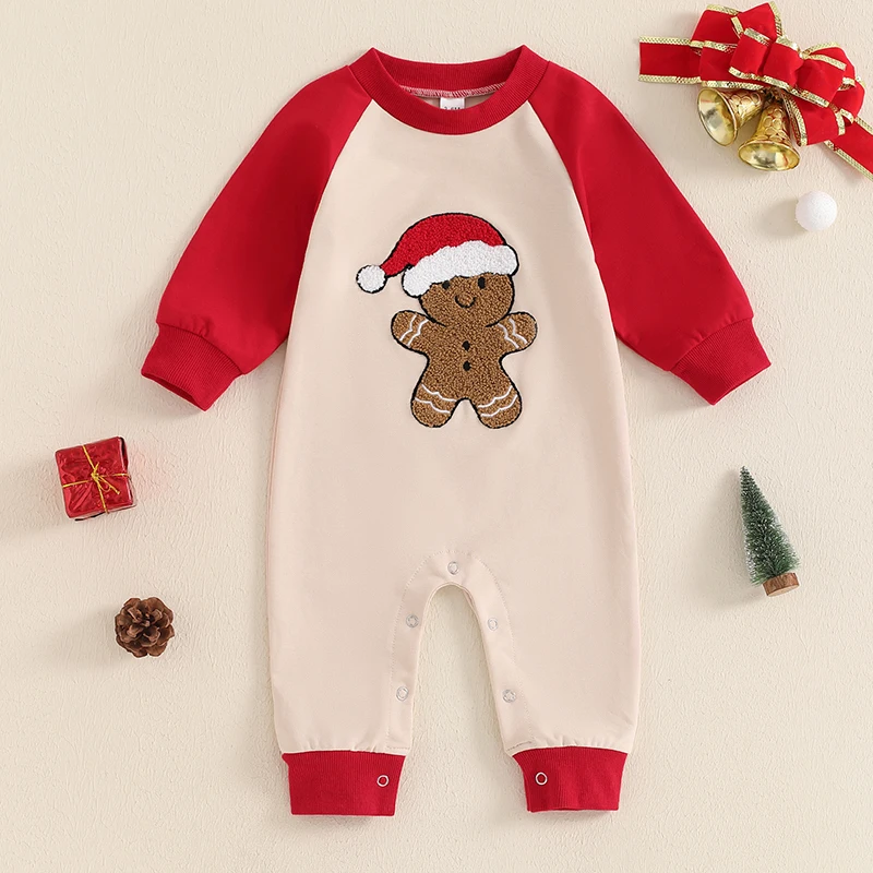 Baby Fall Christmas Romper Gingerbread Man Embroidery Long Sleeve Crew Neck Full Length Jumpsuit for Boys and Girls