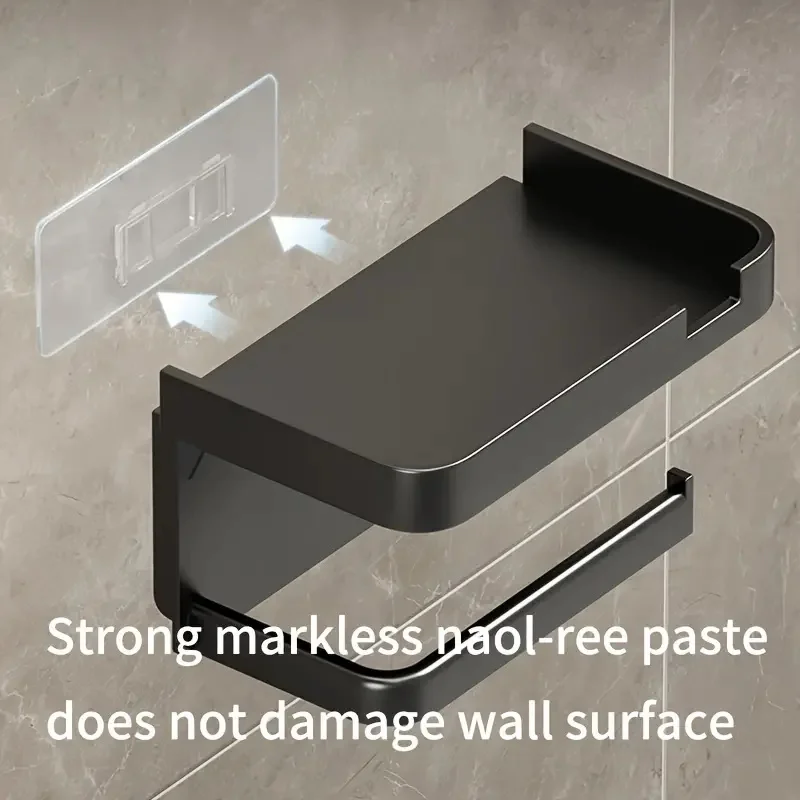 1pc Wall Mounted Toilet Paper Holder with Phone Shelf - Punch-Free Bathroom Tissue Box and Roll Dispenser