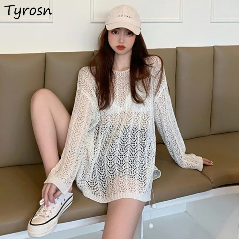 

Pullovers Women Hollow Out Design Fashion Loose Simple All-match Summer Leisure New Cozy Sun-proof Knitting Daily Elegant Tender